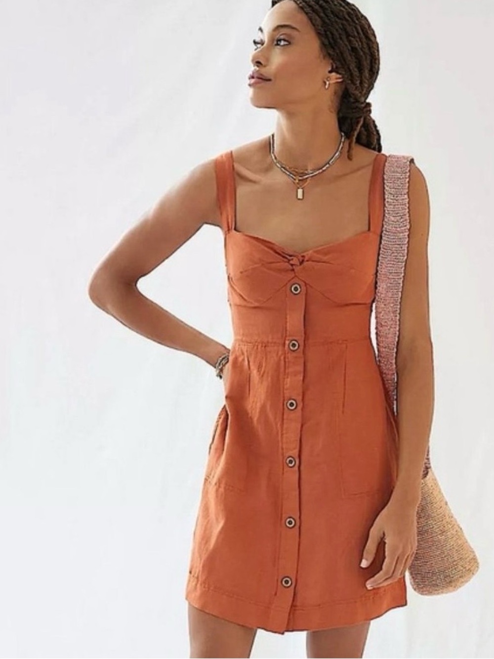 MAEVE Anthropologie Linen Blend Copper Orange Twist Front Mini Dress Sz M